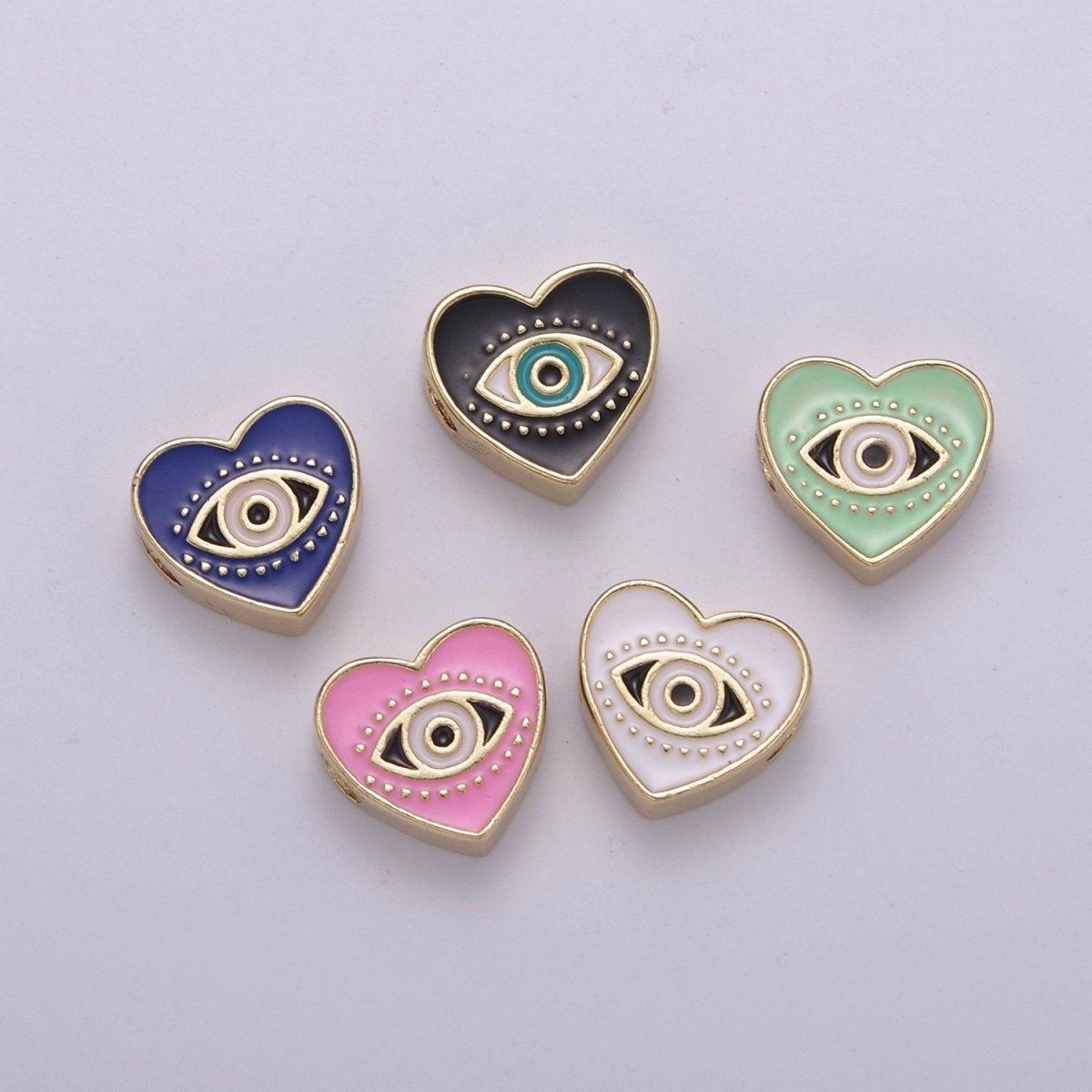 Evil Eye Bead, Heart Evil Eye, 10mm Evil Eye Beads, Side Drilled Black, Blue, Pink, Green, White Enamel B-754