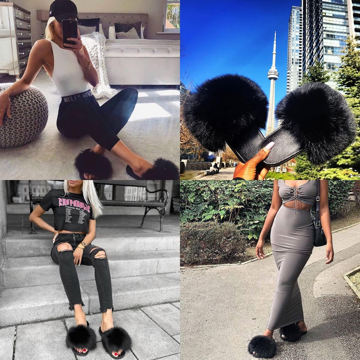 Real Fox Fur Slides for Women - Fluffy Fur Slippers Open Toe Flat Sandals for Outdoor