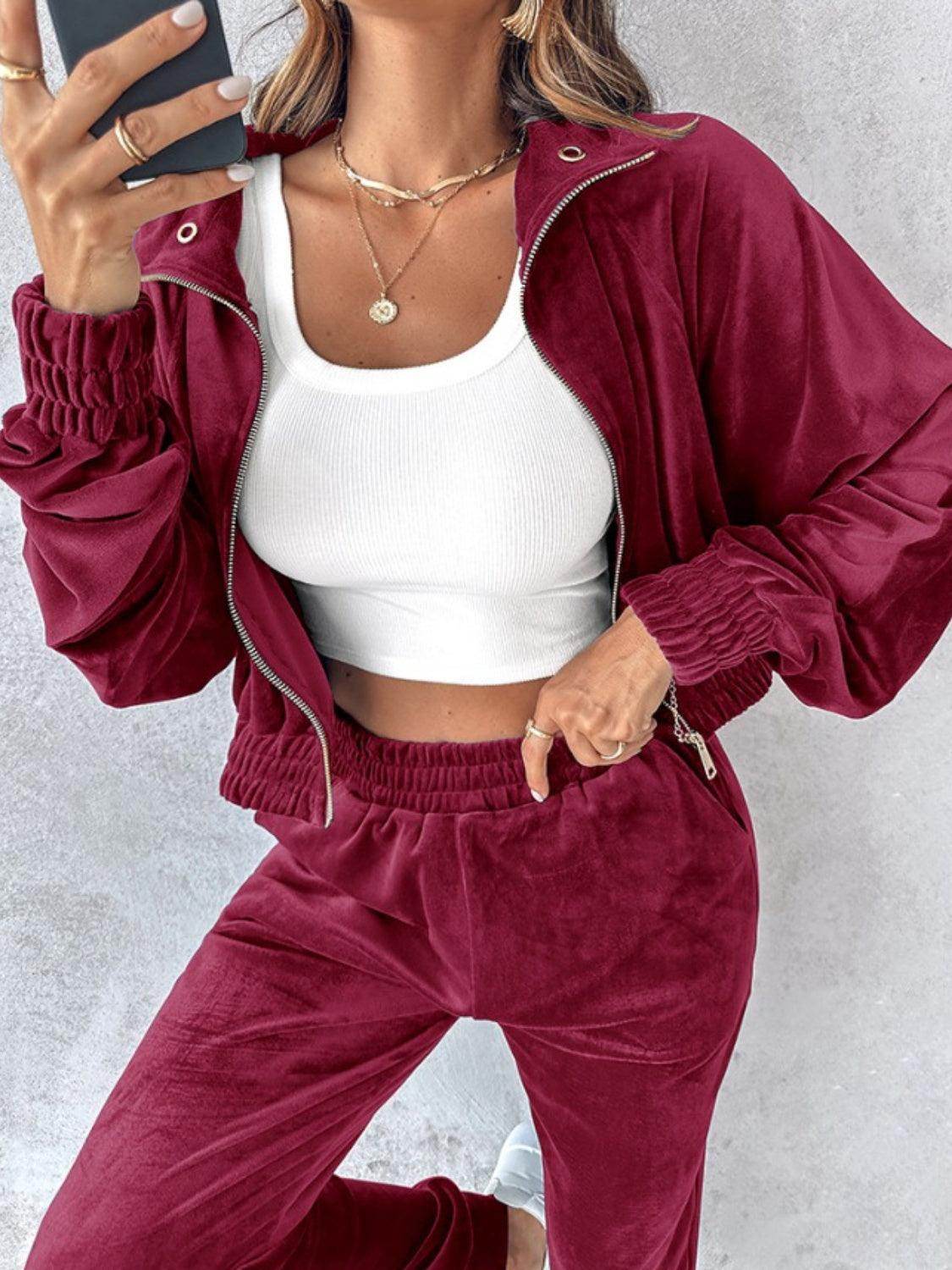Zip Up Long Sleeve Cropped Top and Joggers Set for Women