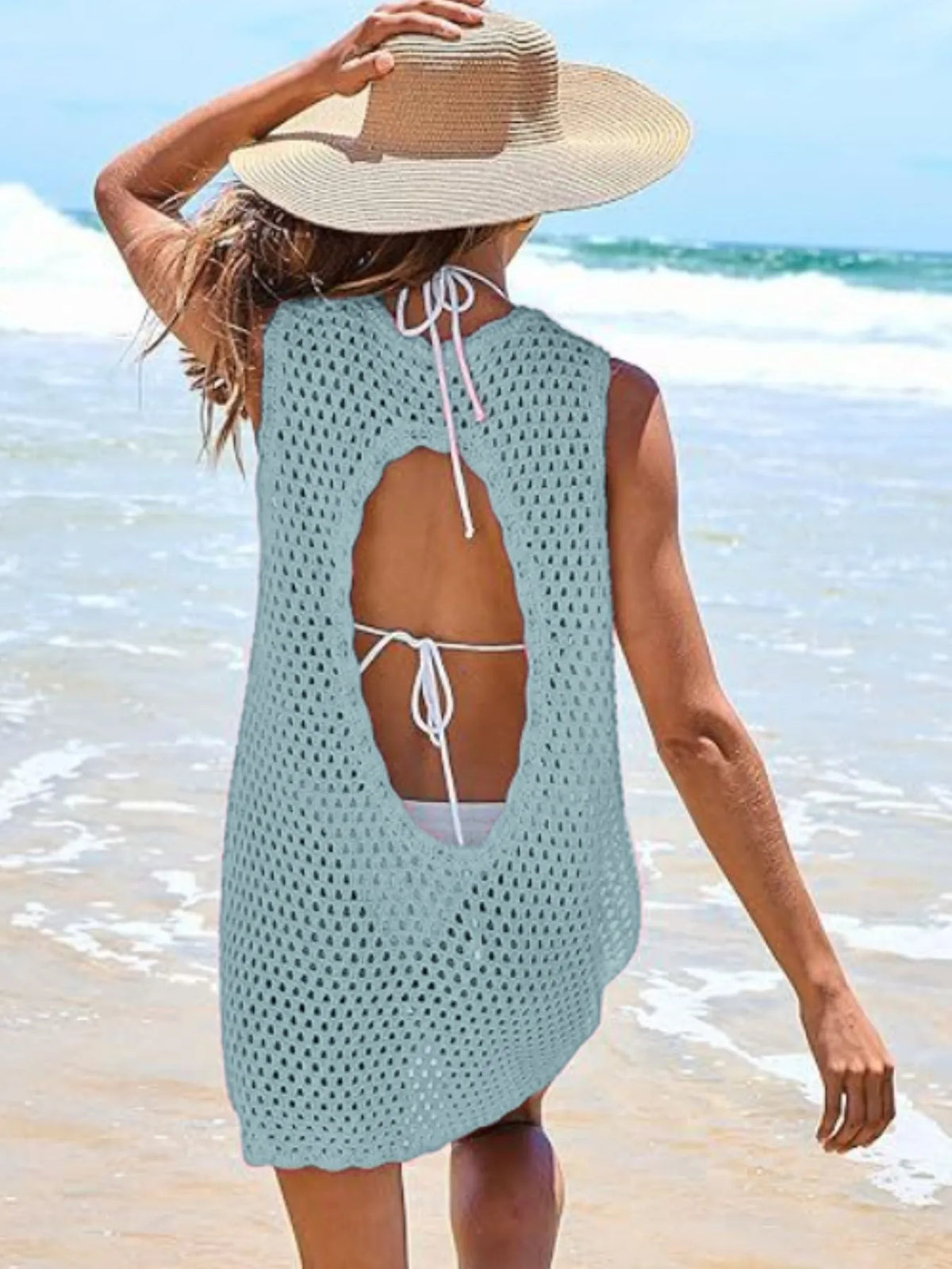 Color Block Openwork Sleeveless Cutout Back Cover-Up