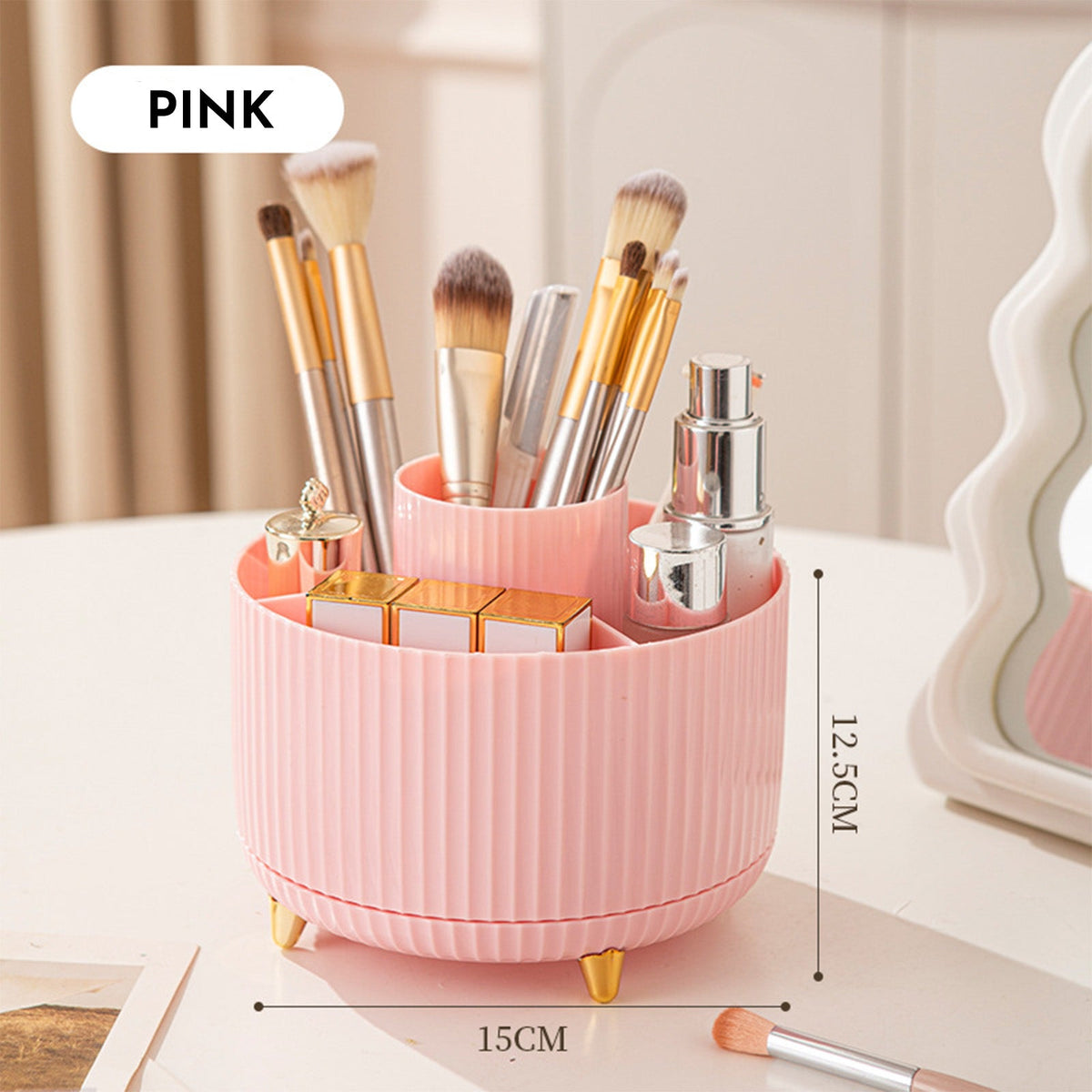 360 Rotating Makeup Brush Holder & Organizer Countertop Storage For Cosmetics & Skincare 8 Colors