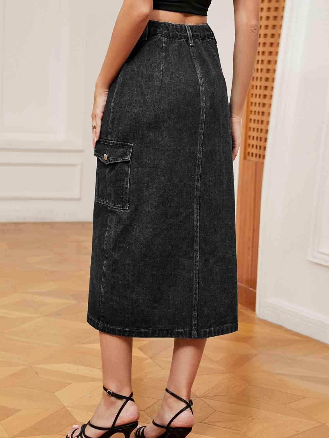 Button Down Midi Denim Skirt with Pockets and Button Detail