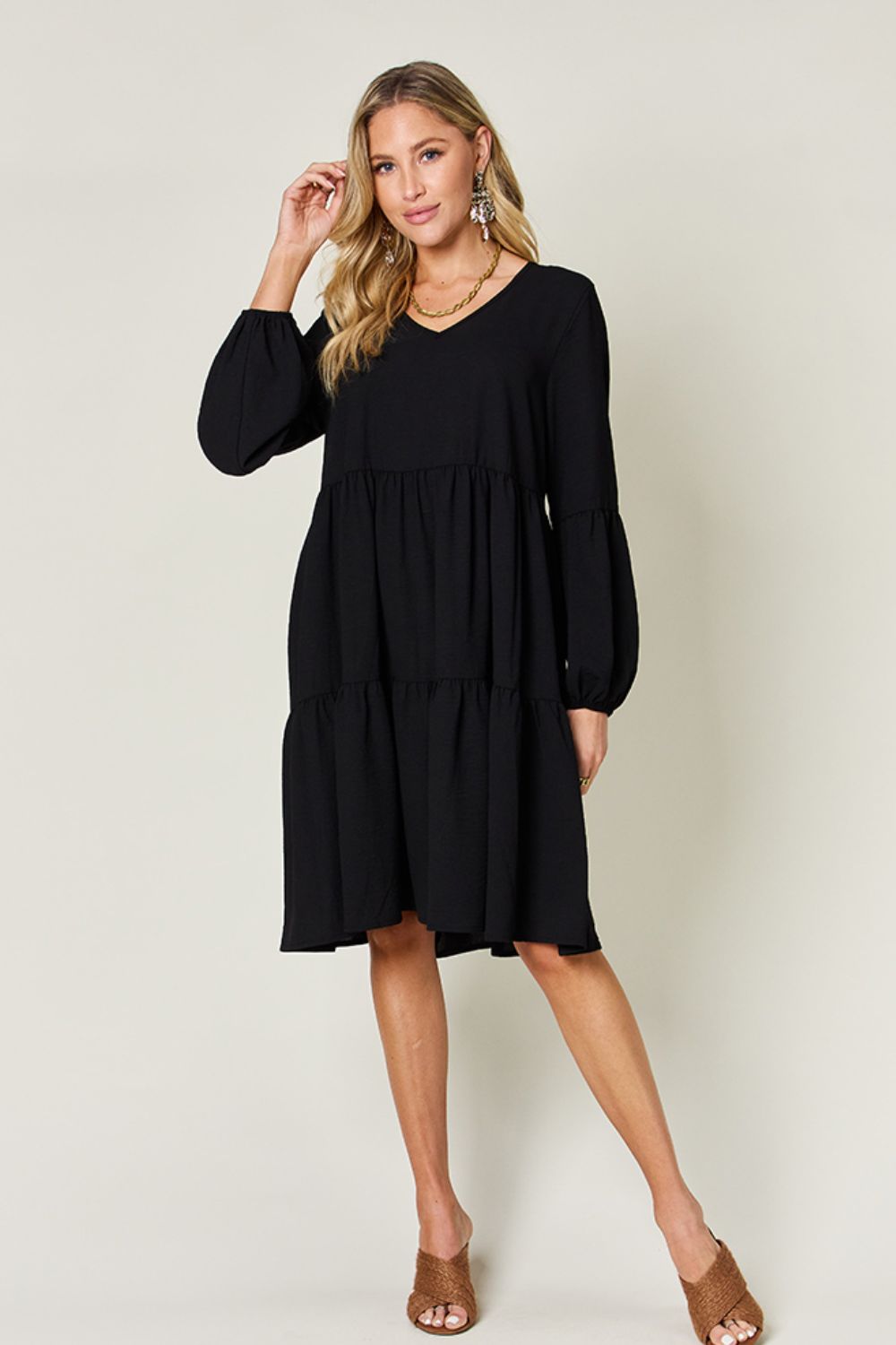 V-Neck Balloon Sleeve Tiered Boho Midi Dress