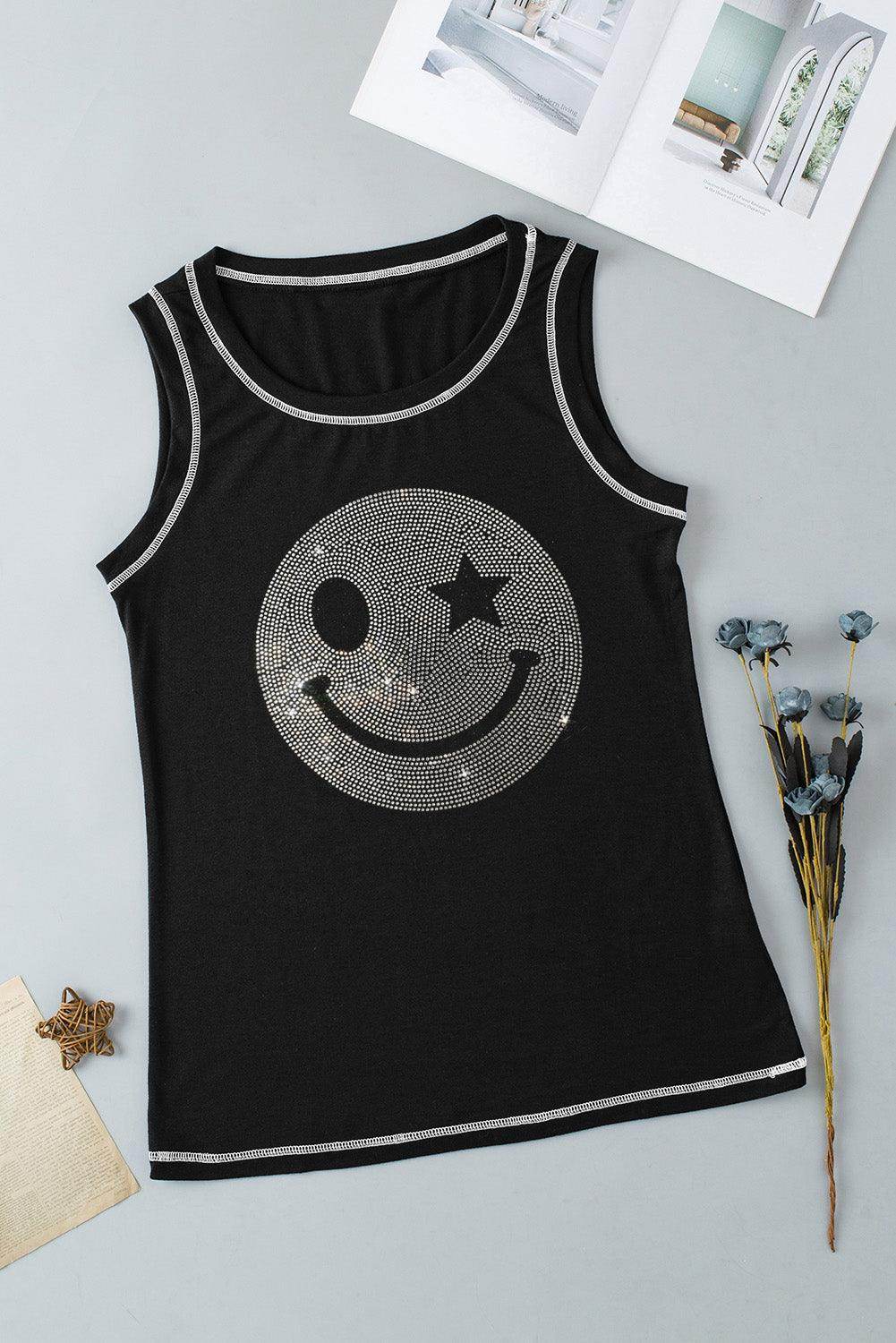 Rhinestone Smile Face Round Neck Tank Top for Women