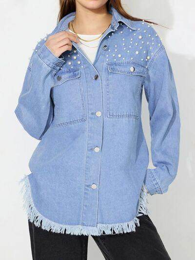 Raw Hem Pearl Trim Collared Neck Denim Top for Women