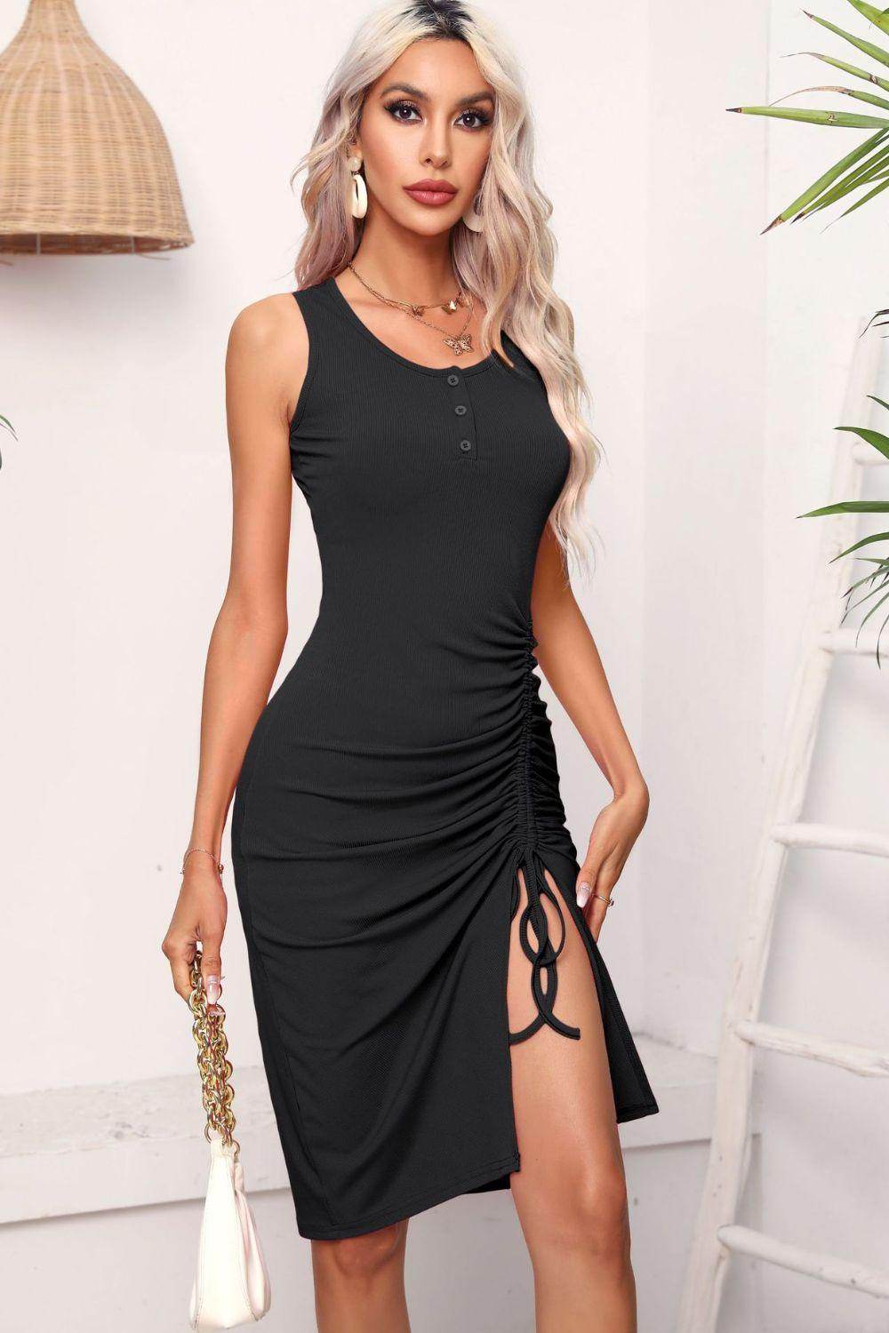 Drawstring Ruched Slit Sleeveless Dress for Chic Style