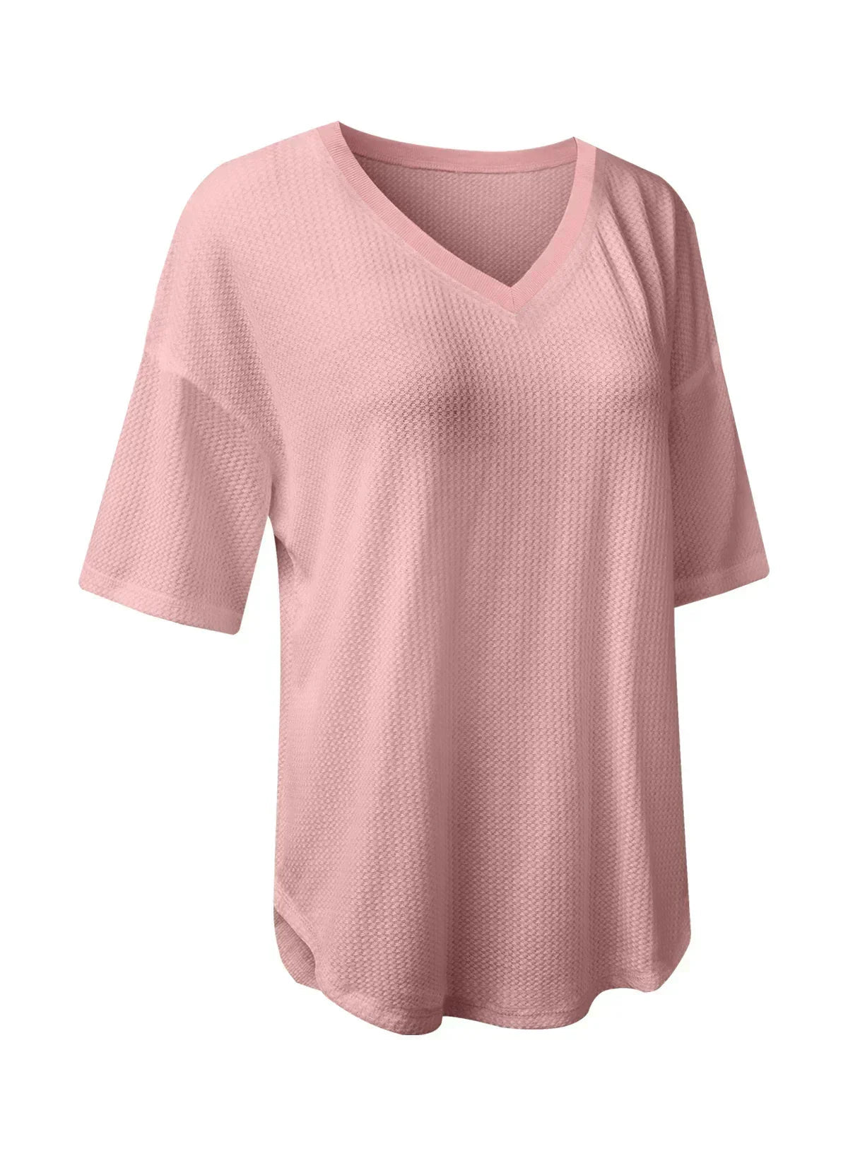 White Waffle Texture V Neck Drop Shoulder Loose Tee