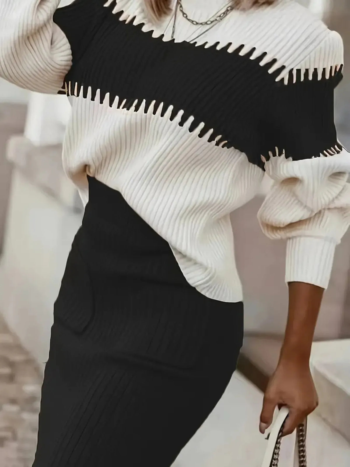 Two-Tone Ribbed Knit Top and Skirt Sweater Set