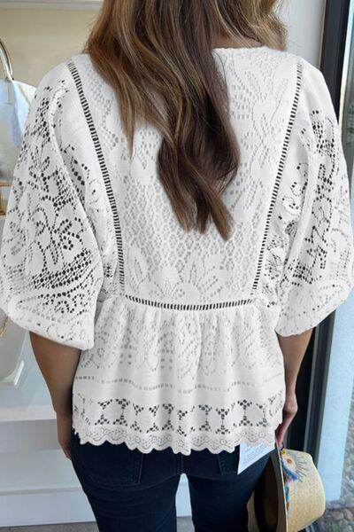 Lace Crochet Hollowed Scallop Hem V Neck Blouse for Women