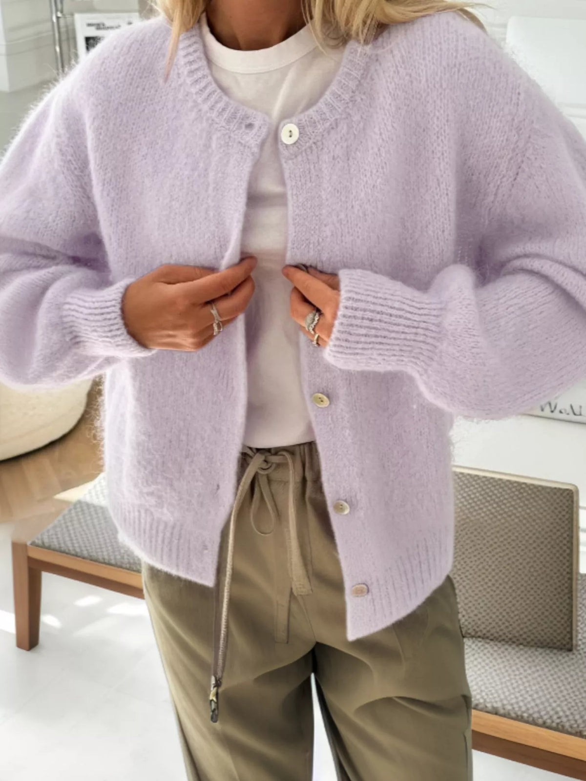 Button-Front Round Neck Cardigan