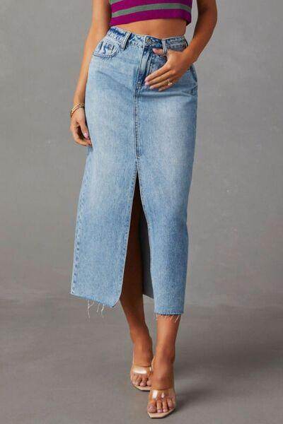 Slit Raw Hem Midi Denim Skirt for Effortless Style