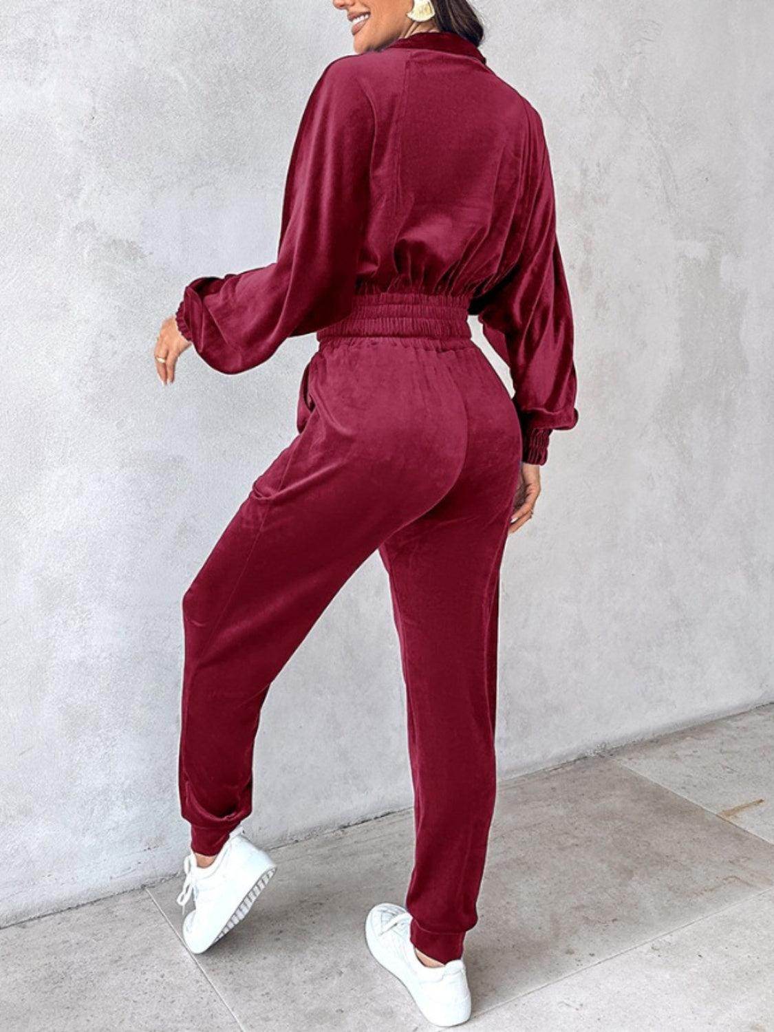 Zip Up Long Sleeve Cropped Top and Joggers Set for Women