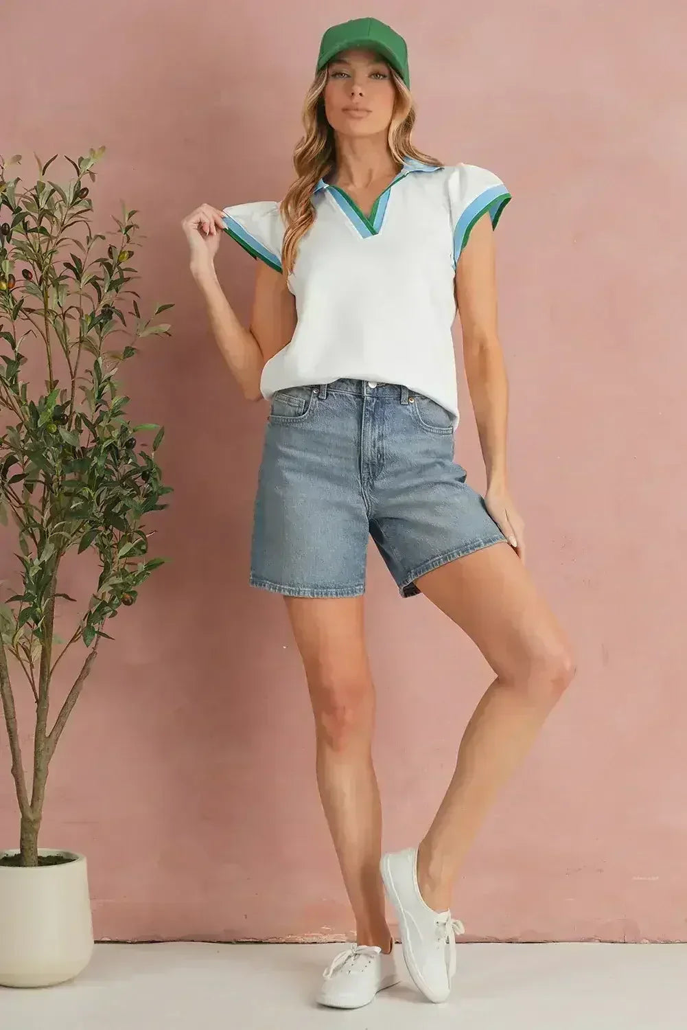 Beau Blue Color Collared V Neck Ruffle Sleeve Blouse | Femstylo
