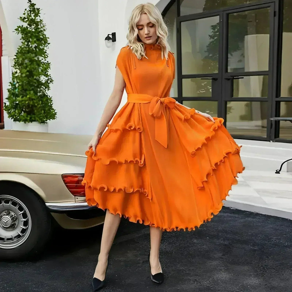 A1. Autumn Short Sleeve Pleated Design Affordable Luxury Fashion