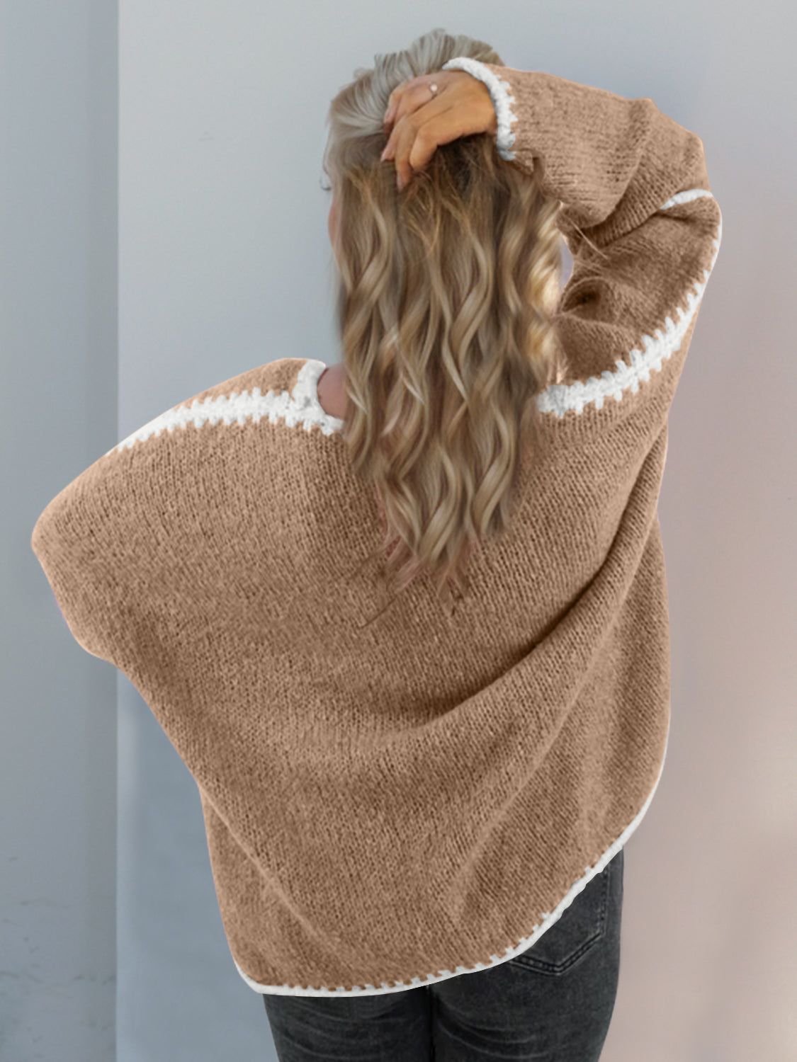 Back To School Sweater - Double Take Contrast Open Front Dropped Shoulder Cardigan