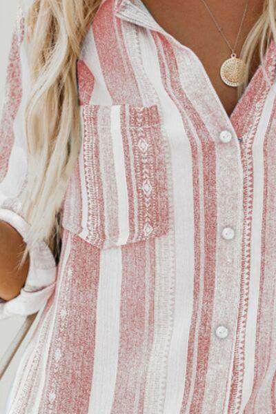 Striped Collared Neck Long Sleeve Shirt for Women Fashion