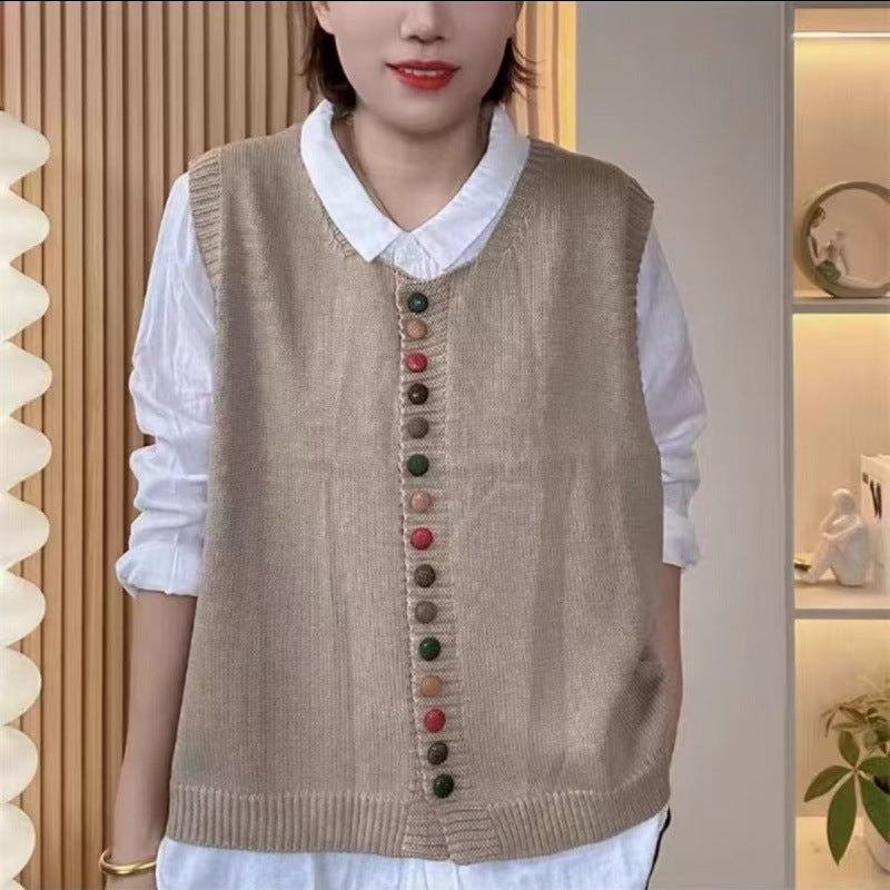 Colored Button Cotton Thread Knitted Vest