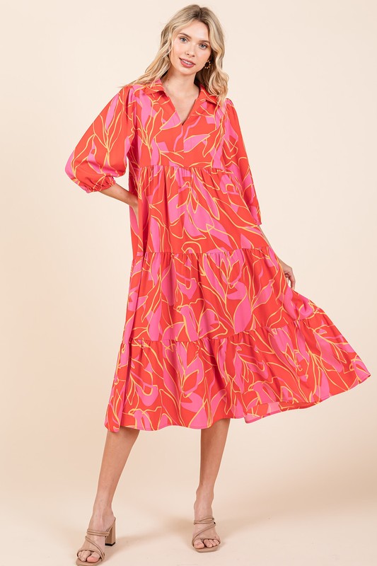 New Summer Tiered Printed Collared Neck Midi Dress For Women – Elegant and Versatile Dress with a Polished, Feminine Flair