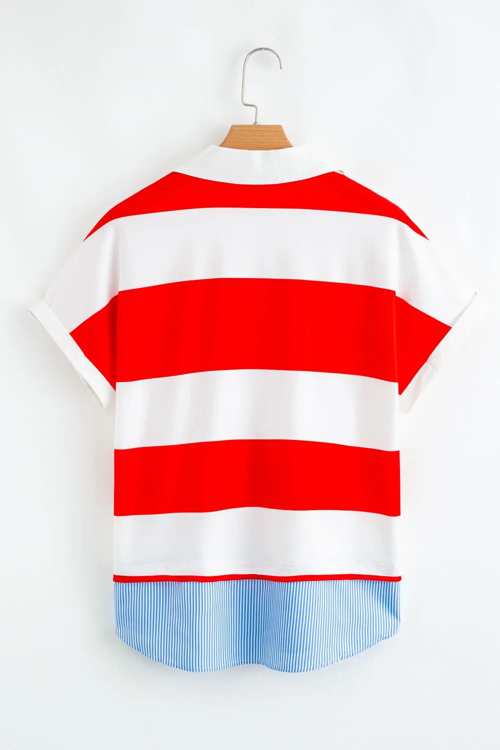 Stripe Collar V Neck Cuffed Dolman Short Sleeve Top