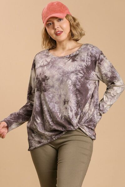 Umgee Full Size Tie Dye Front Gathered Detail Round Neck Long Sleeve T-Shirt Plus Size