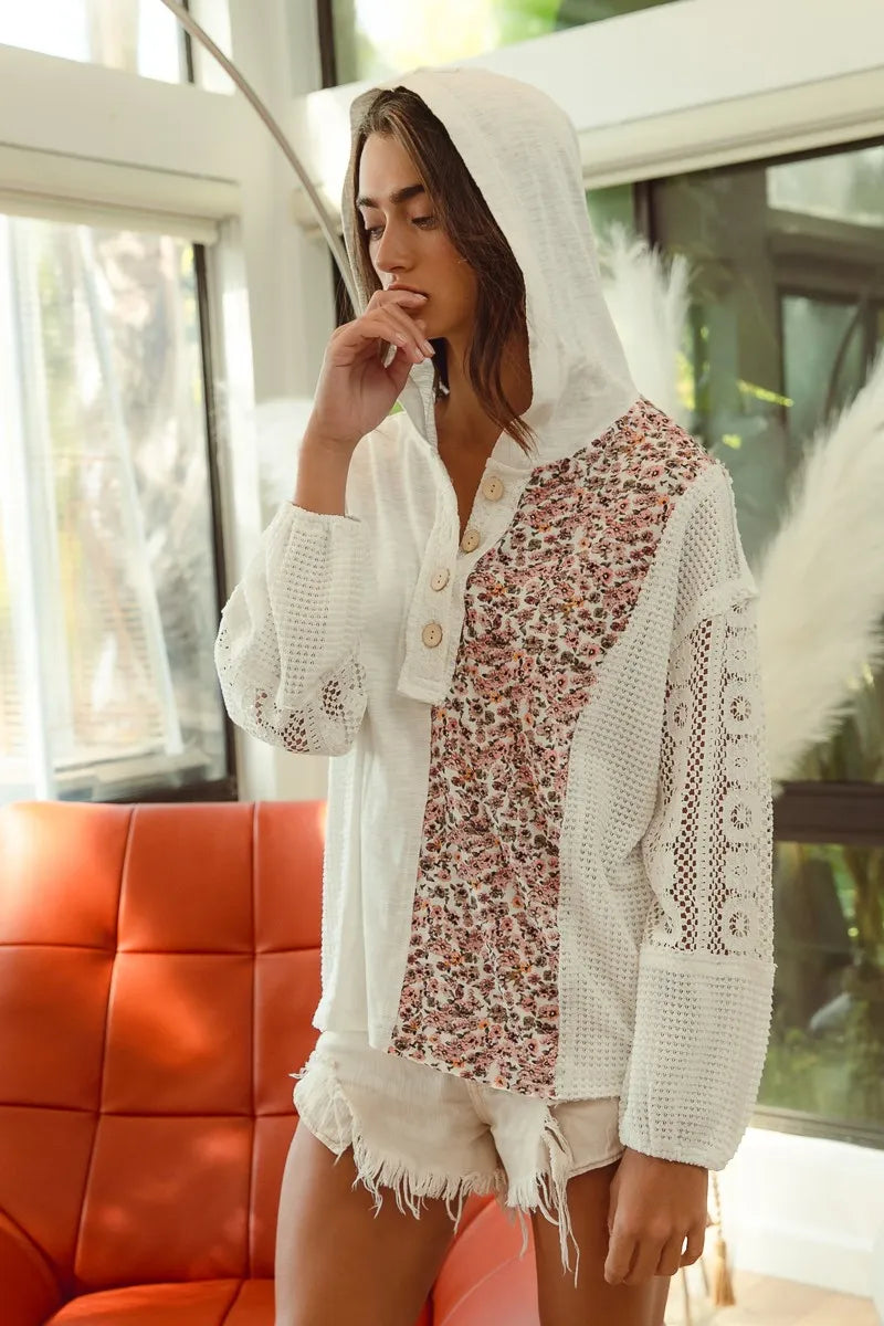 BiBi Slub Jersey with Lace Combo Buttoned Hoodie Top
