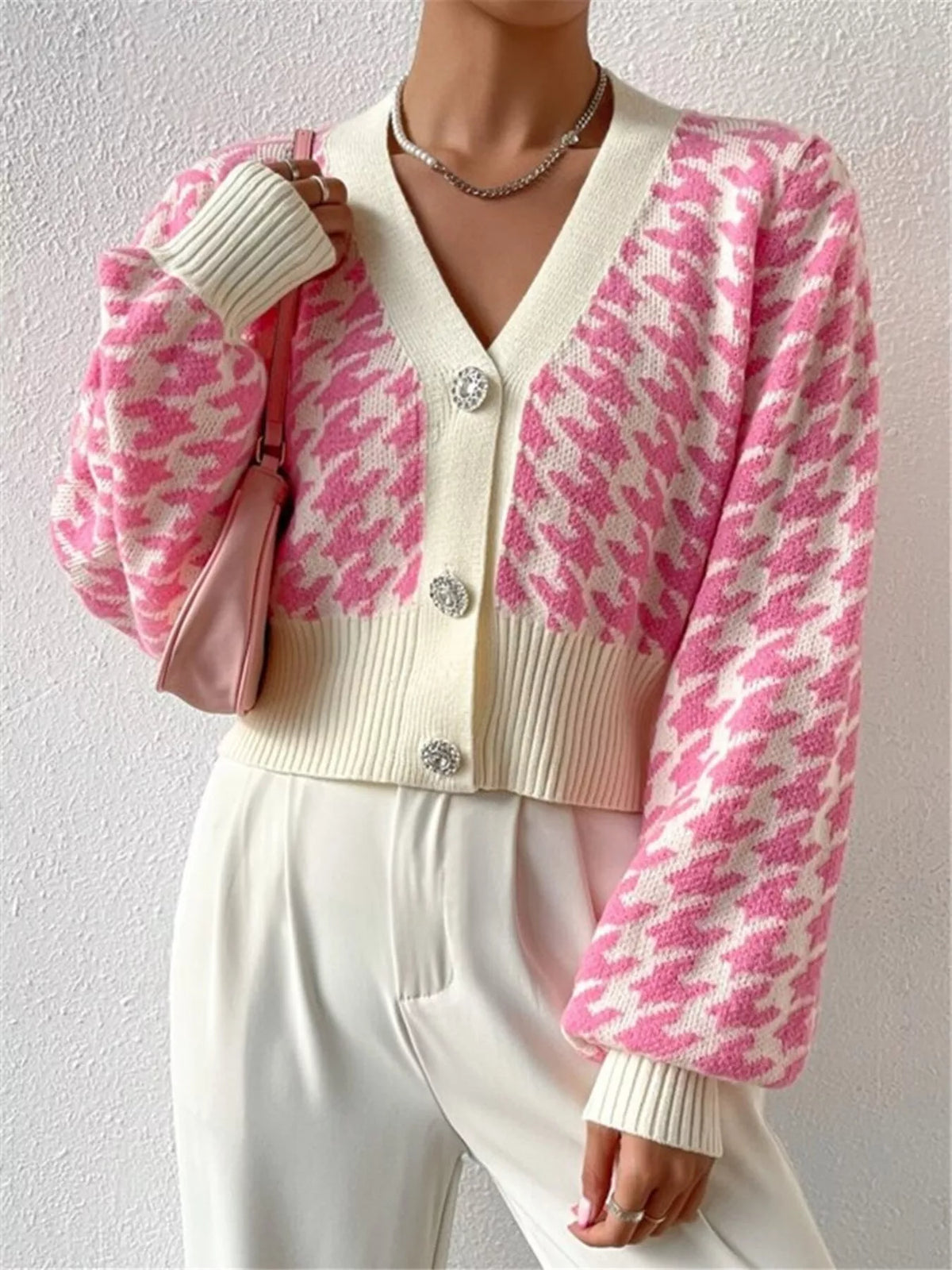 Houndstooth V-Neck Button Up Cardigan