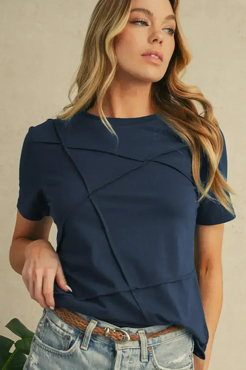 Dirty Blue Solid Color Round Neck T Shirt