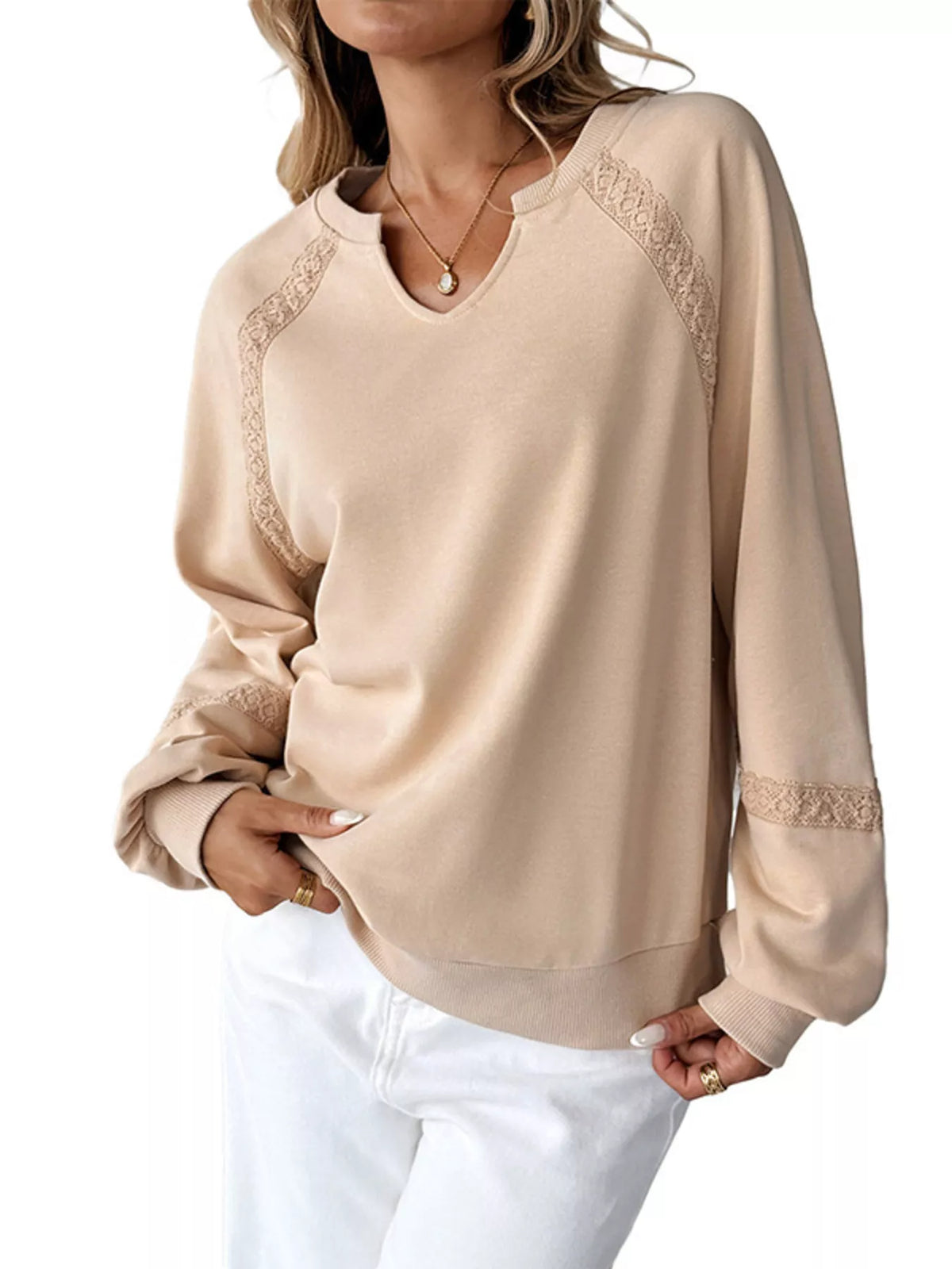 Lace Detail Notched Long Sleeve Sweatshirt