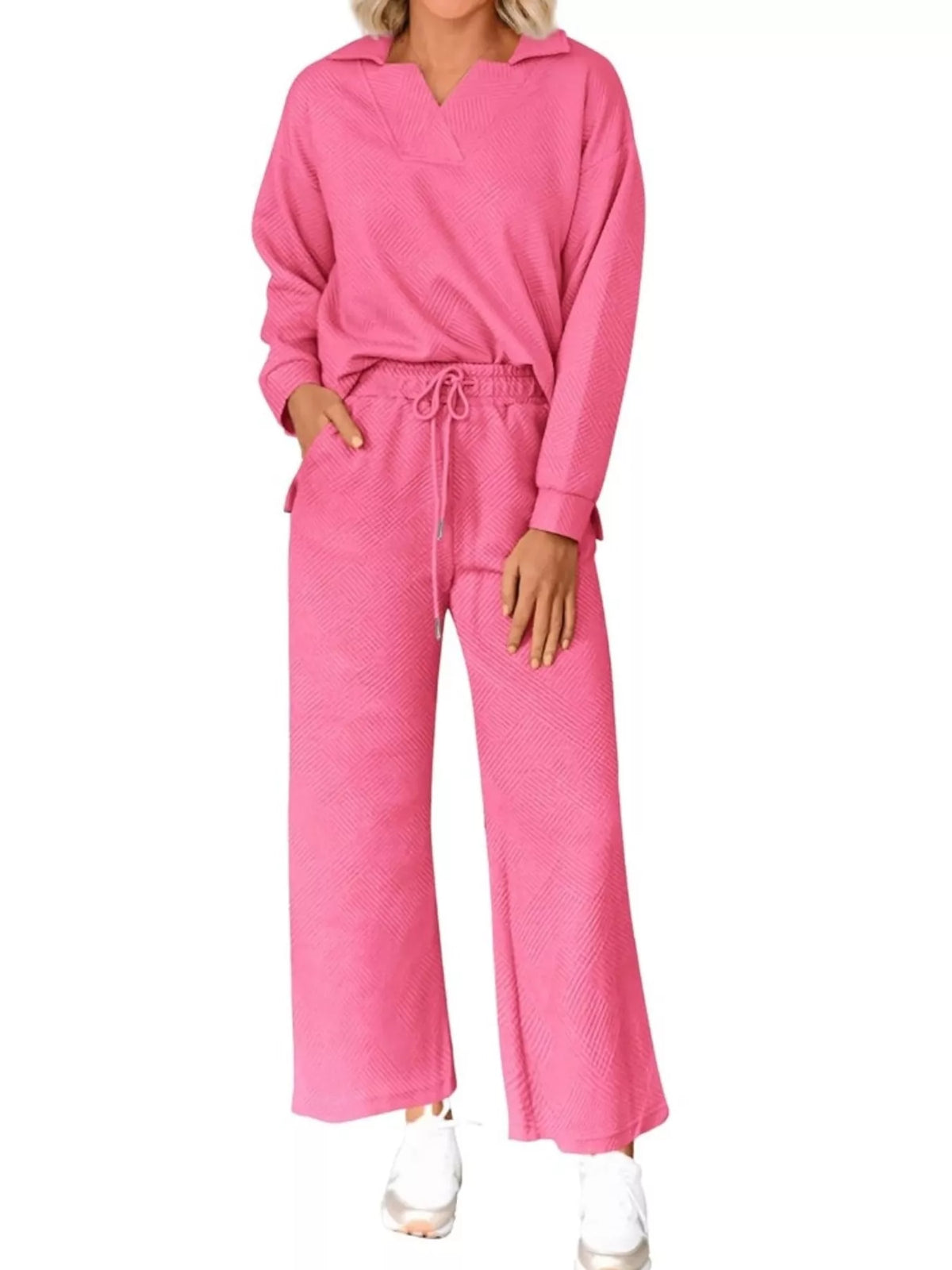 Side Slit Textured Top and Drawstring Pants Set