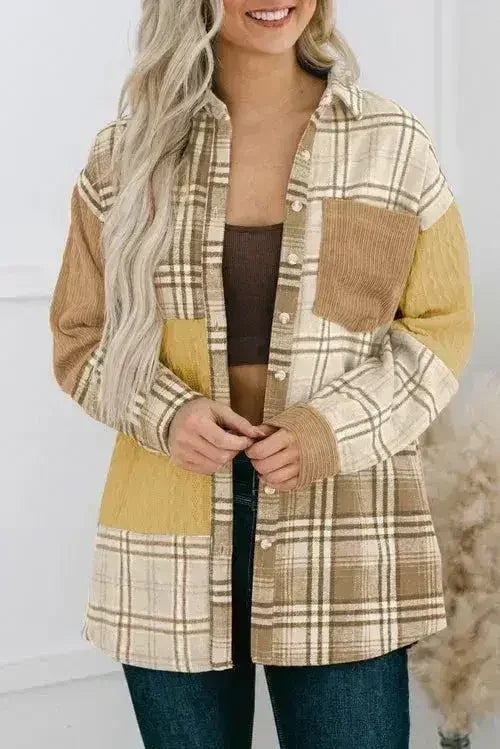 Plaid Color Block Patchwork Shirt Jacket with Pocket