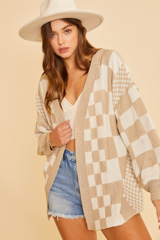 Back To School Sweater - Annie Wear Checkered Open Front Drop Shoulder Cardigan