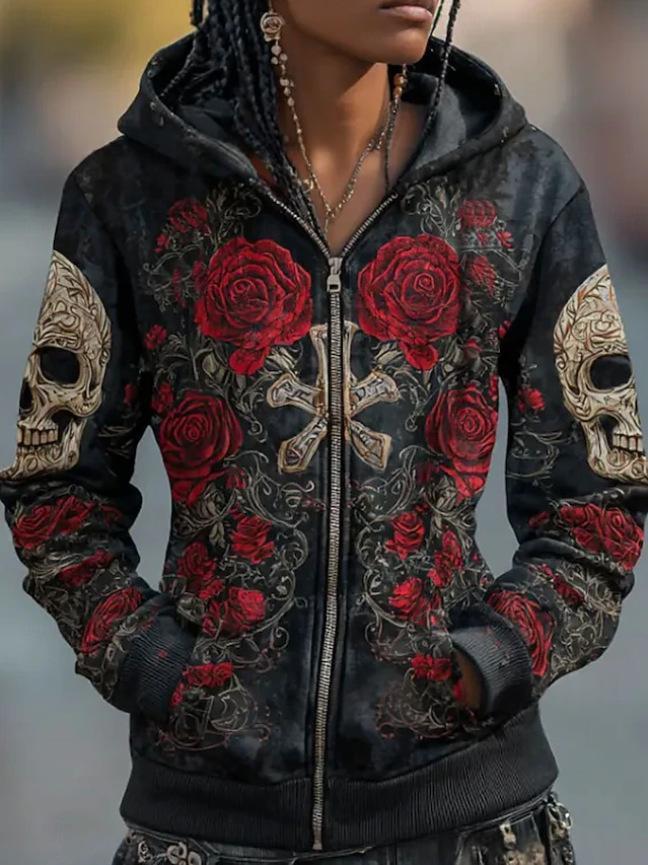 Printed Hooded Zip-Up Cardigan Fashionable Casual Womens Sweatshirt