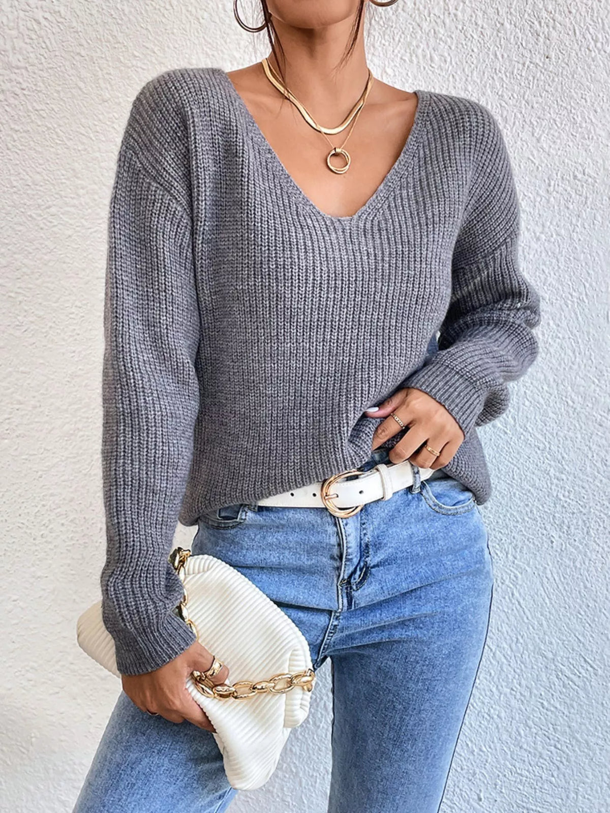 Lace-Trimmed Back V-Neck Sweater