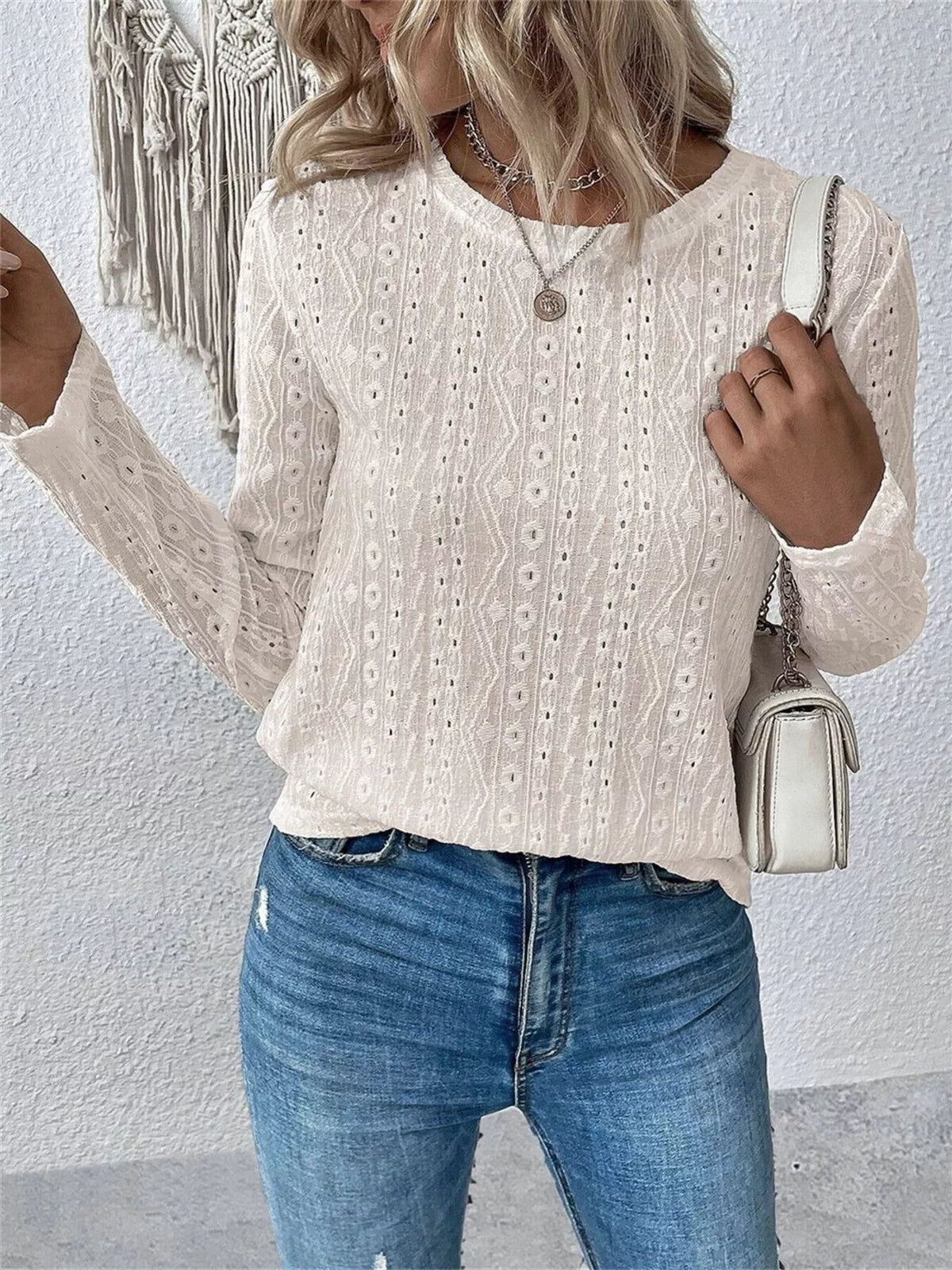 Full Size Eyelet Round Neck Long Sleeve Blouse Plus Size