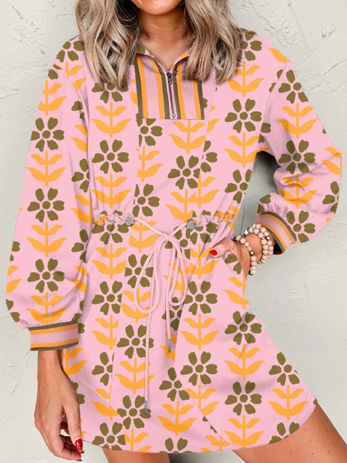 Printed Drawstring Waist Mini Dress