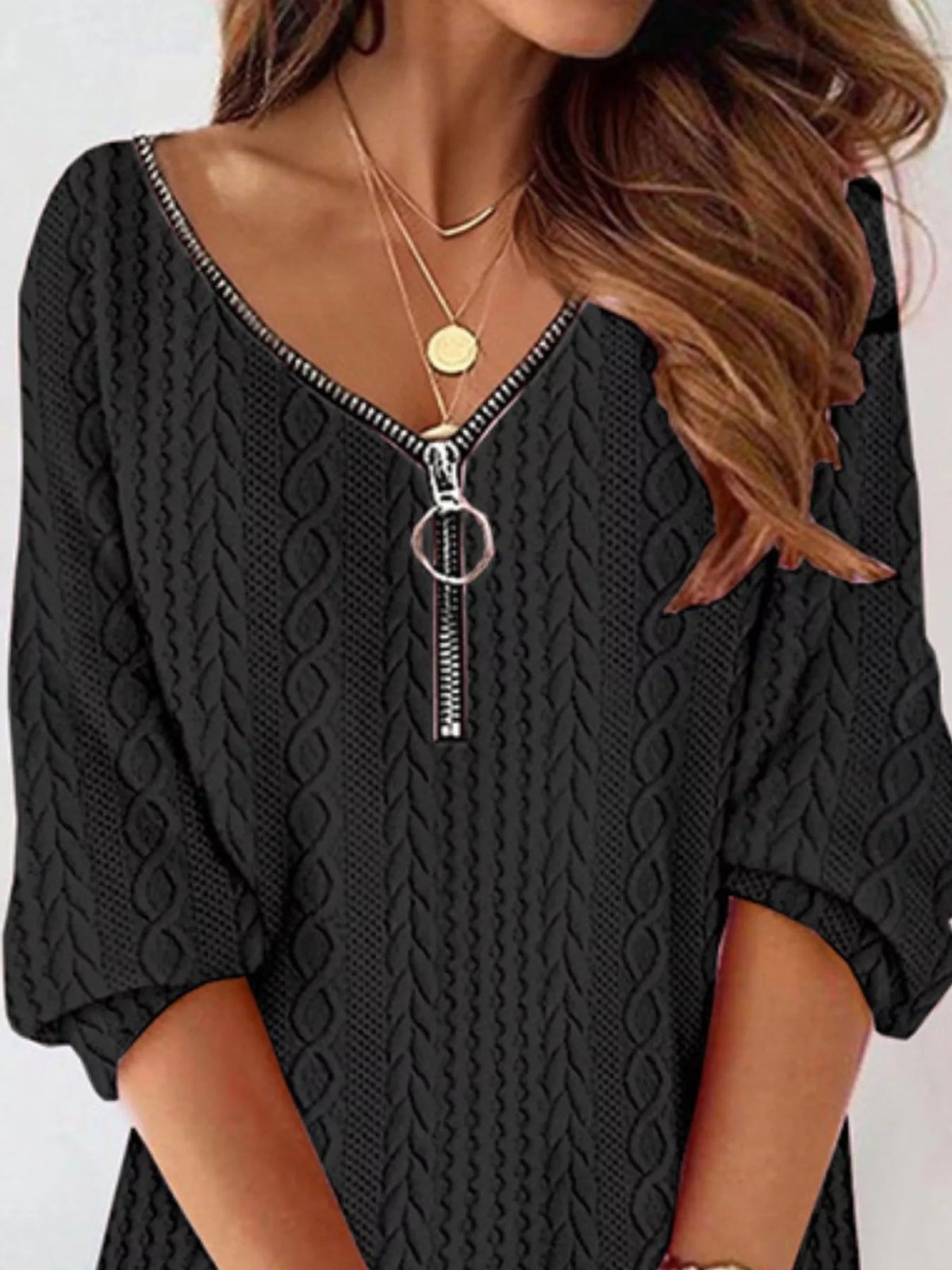Zip Detail Textured Knit Mini Sweater