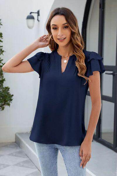 Ruffled Notched Short Sleeve Blouse for Women Stylish Wear