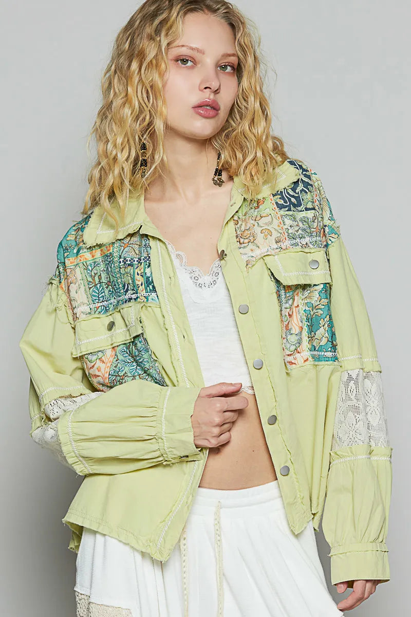 POL Printed Woven Mix Raw Hem Jacket with Lace Detail