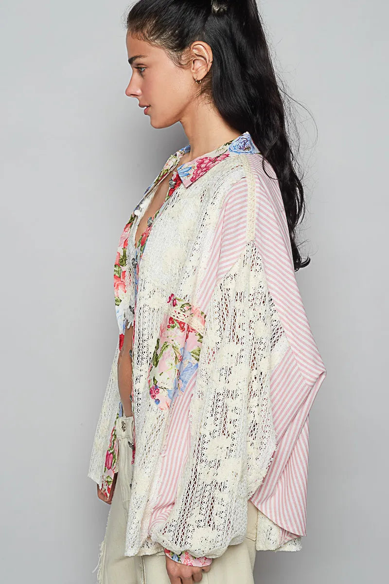 POL Lace Long Sleeve Shirt with Floral and Striped Pattern
