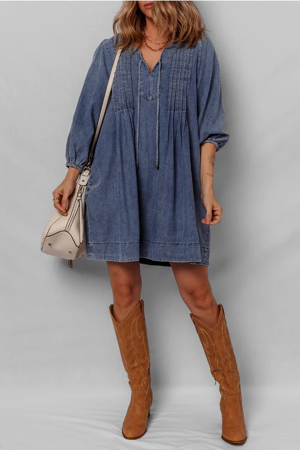 Sail Blue Pleated V Neck 3/4 Sleeve Denim Mini Dress
