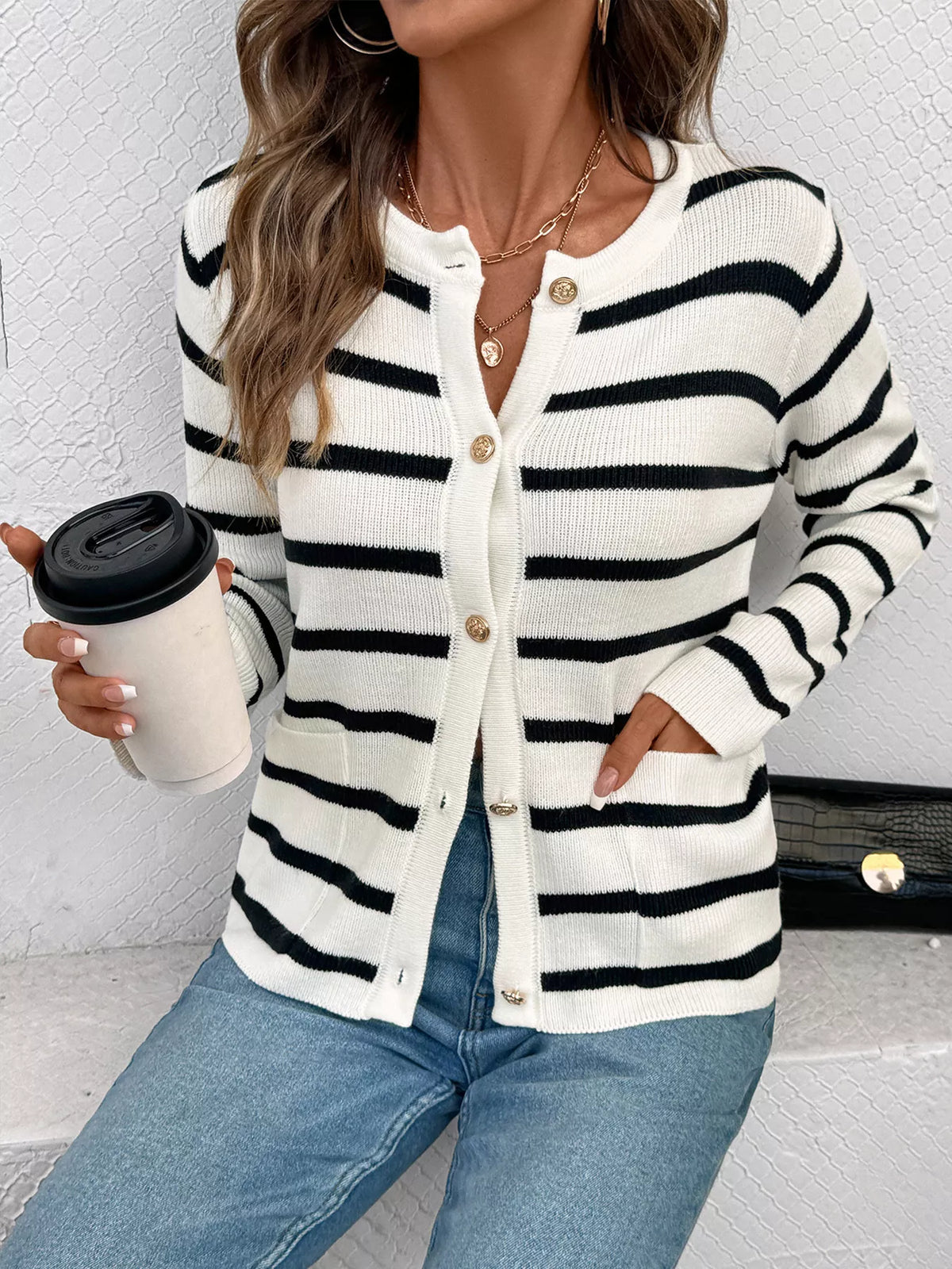 Striped Button-Front Cardigan