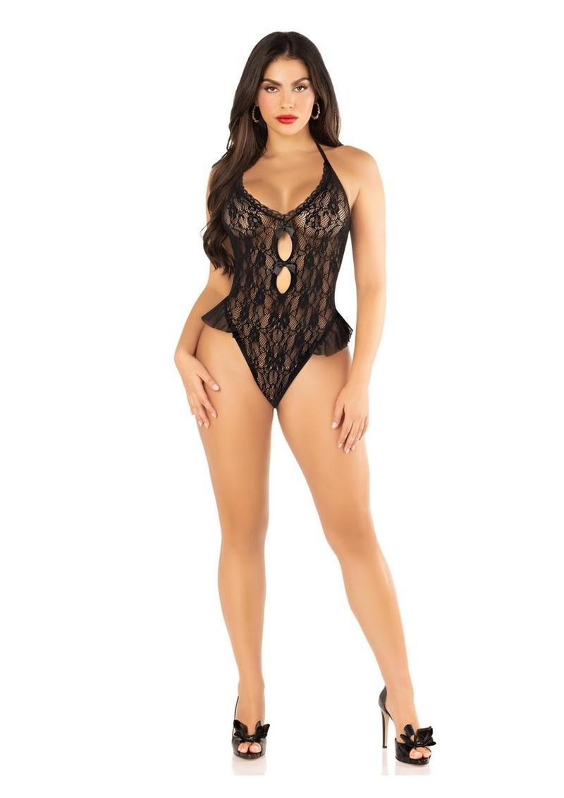 Floral Lace Halter Bodysuit Flutter Accent Mini Bow
