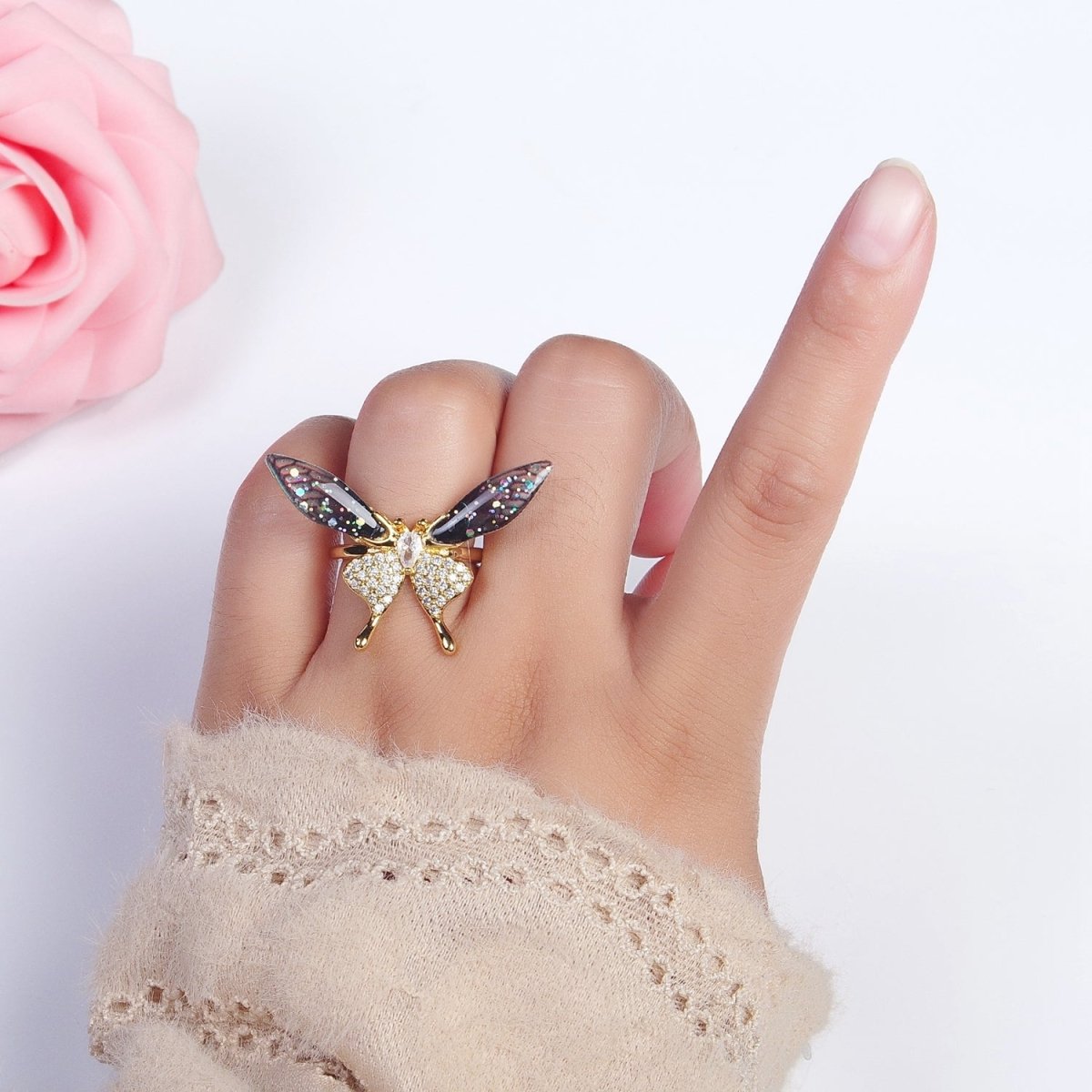 Fuchsia, Blue Micro Paved Butterfly Wings Teardrop Insect Gold Rings | O-100 O-101