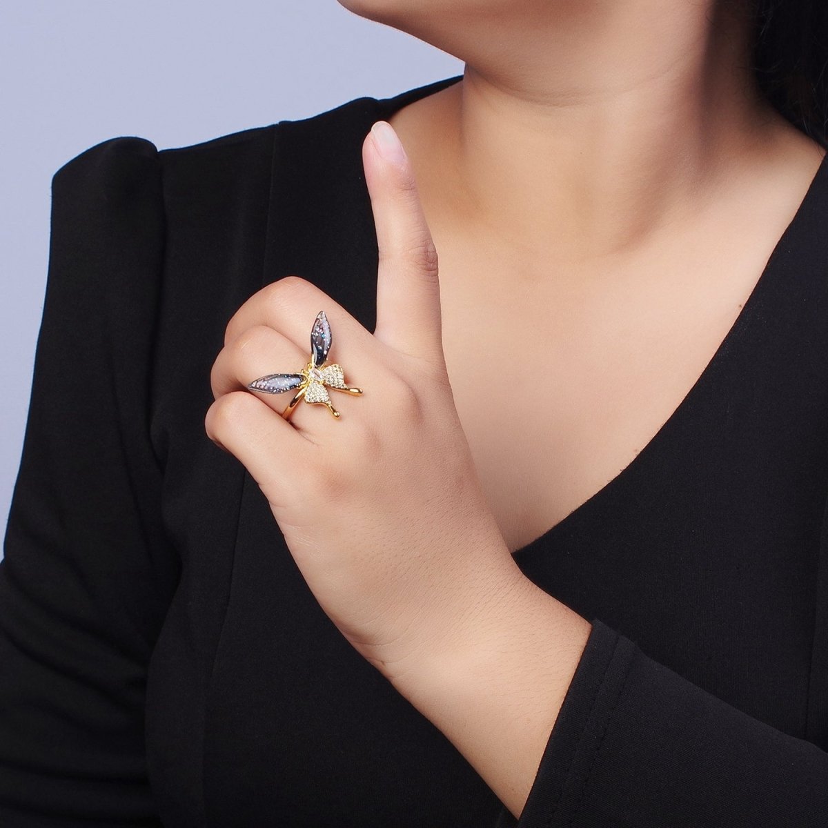 Fuchsia, Blue Micro Paved Butterfly Wings Teardrop Insect Gold Rings | O-100 O-101