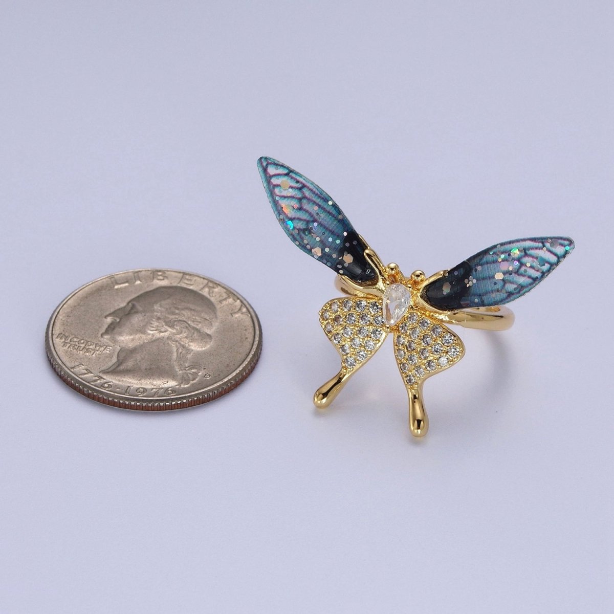 Fuchsia, Blue Micro Paved Butterfly Wings Teardrop Insect Gold Rings | O-100 O-101
