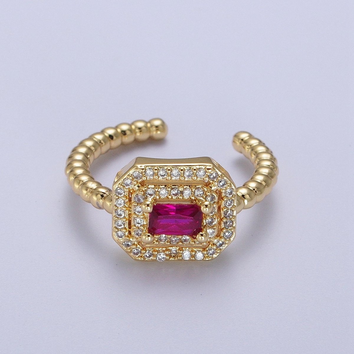 Fuchsia, Clear, Blue, Green Baguette Cubic Zirconia Gold Beaded Adjustable Ring | O-064~O-067