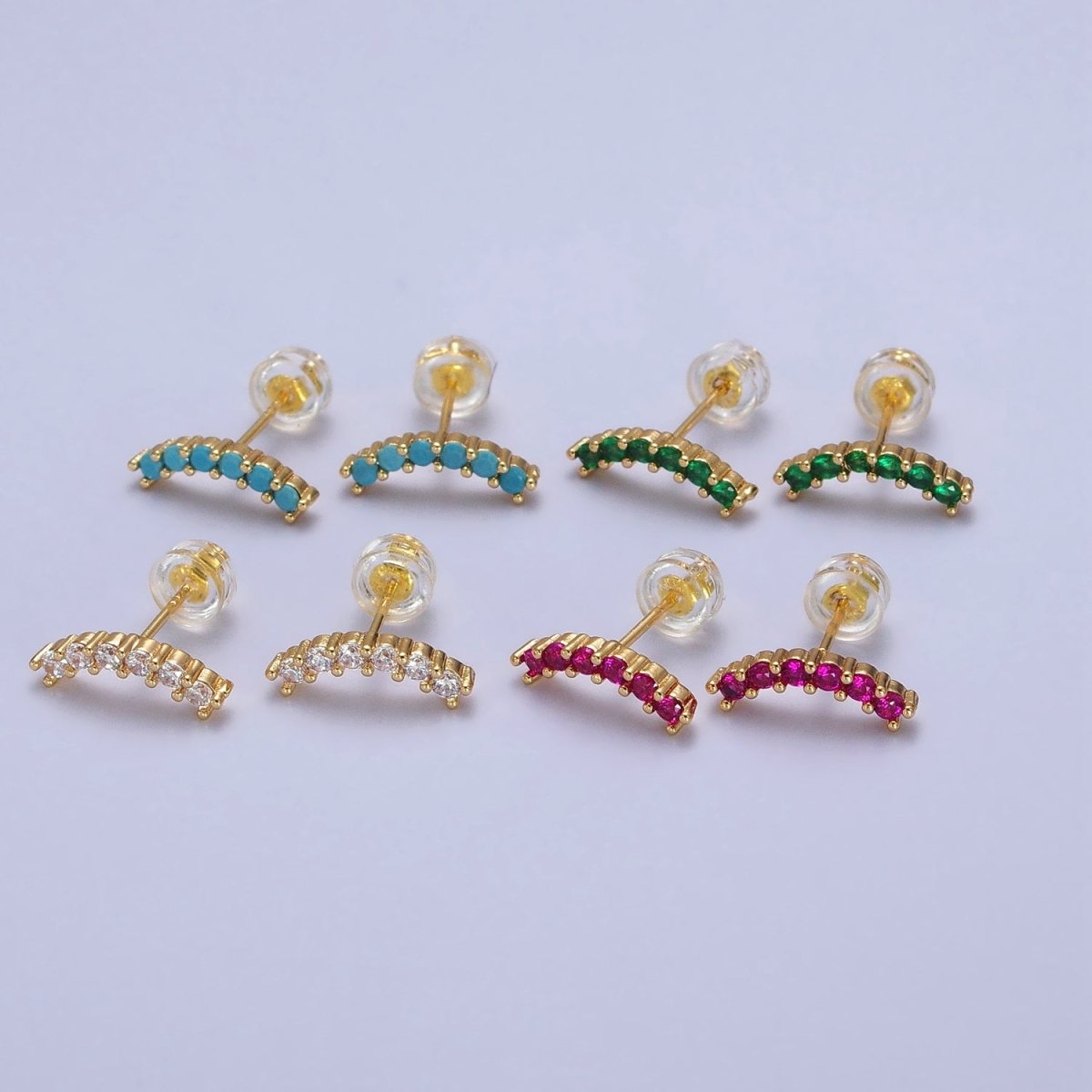Fuchsia, Green, Clear, Turquoise Micro Paved Arc Line Gold Stud | AB043 - AB046