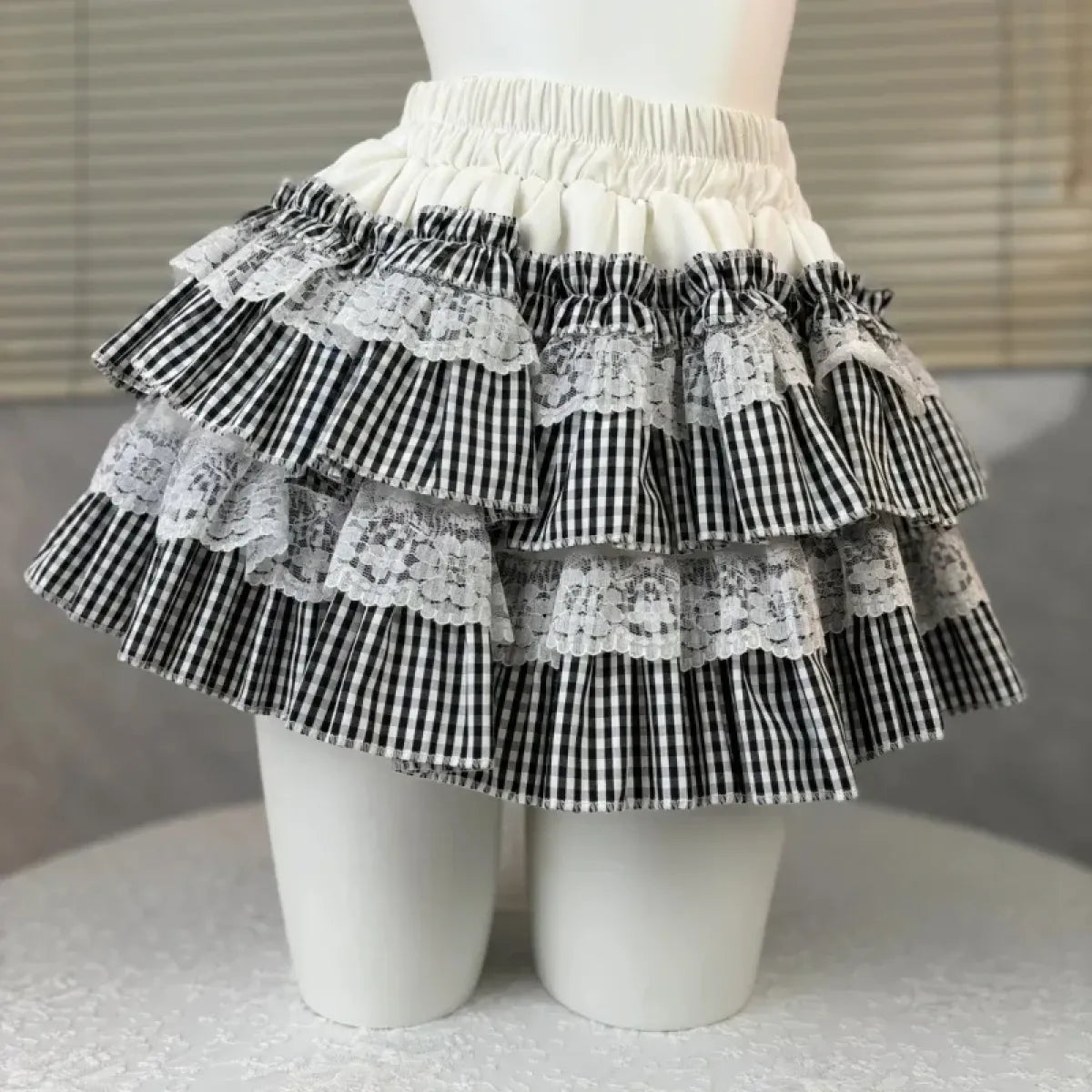 Gingham Layered Lolita Skirt – Lace Trim High Waist Kawaii