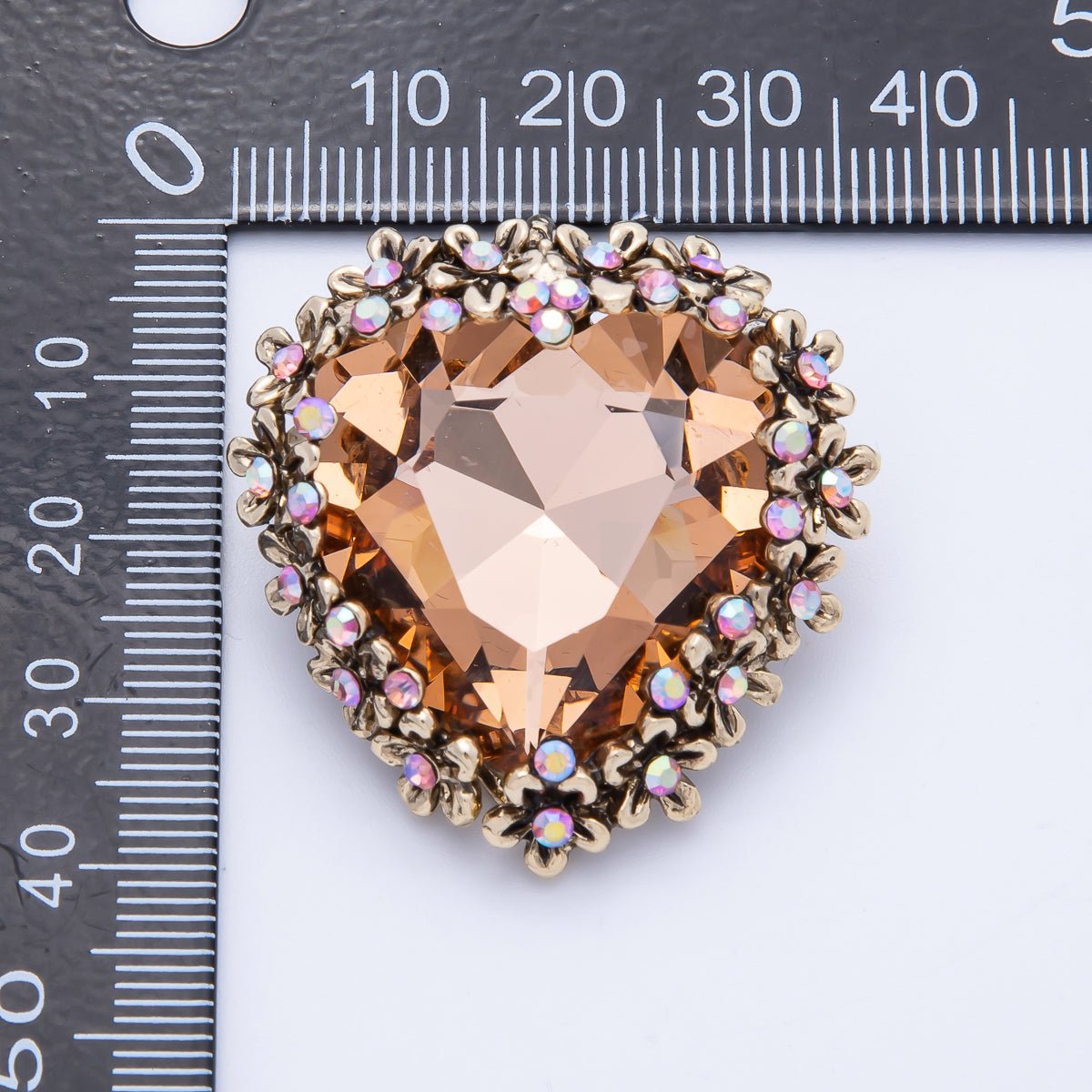 Gold 37mm x 36mm Orange Rhinestone Heart Pin Brooch | BH-067