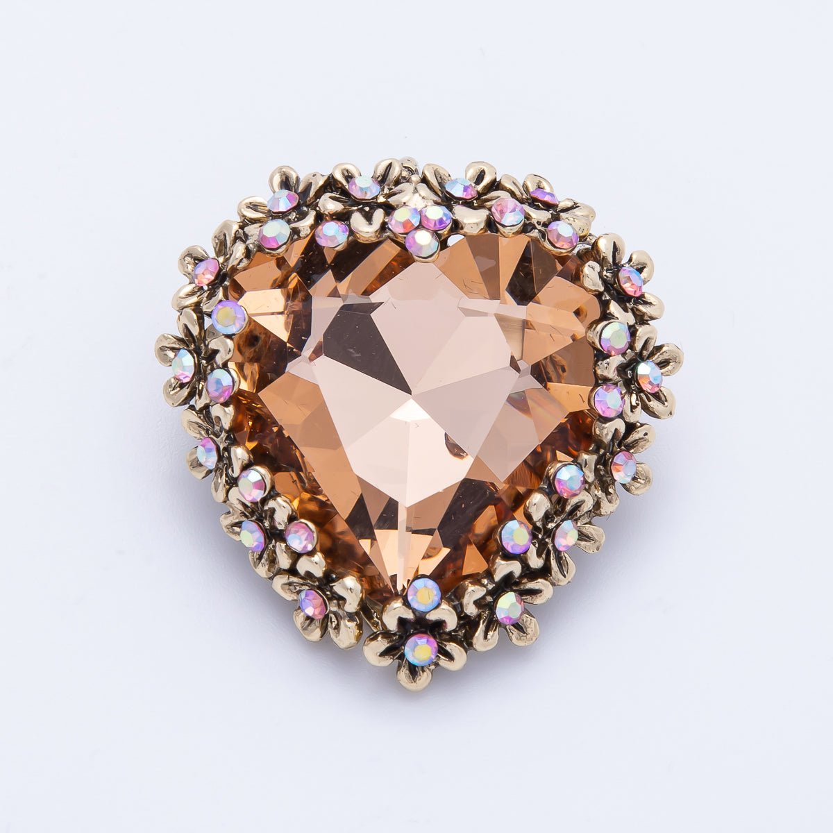 Gold 37mm x 36mm Orange Rhinestone Heart Pin Brooch | BH-067